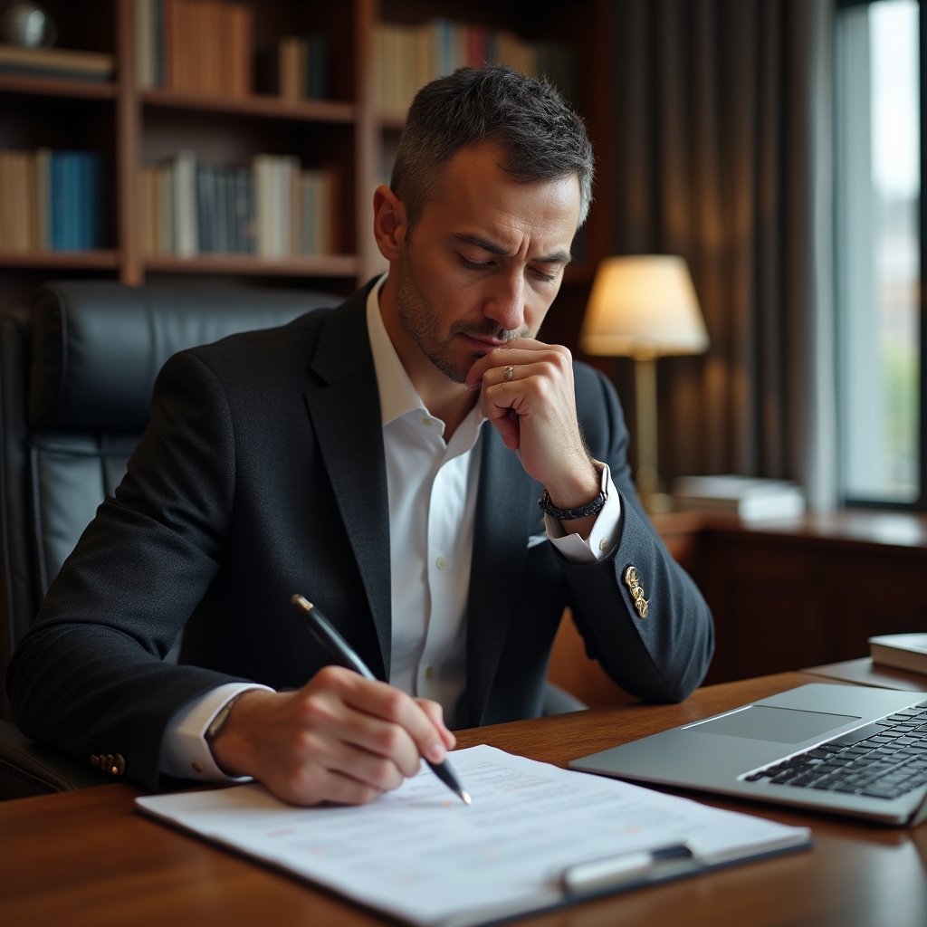 Руководитель планирует стратегию за рабочим столом